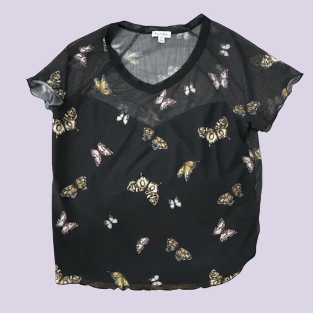 Love Fire Black Butterfly Print Sheer Mesh Top Y2K Grunge Aesthetic Small